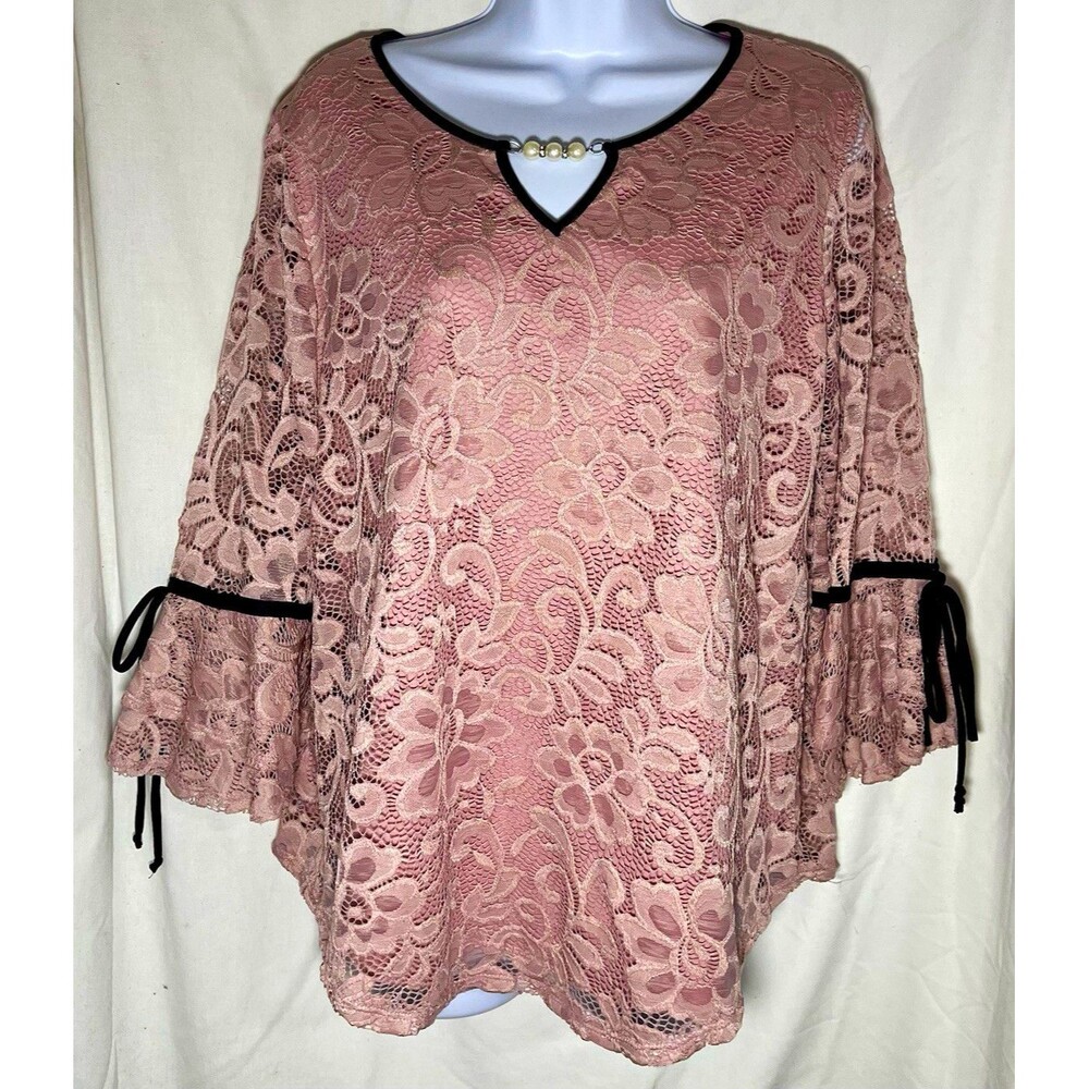 Onyx Apparel Women’s Lace Blouse L Pink/Black Pearl V-Neck Bell Sleeve 20195CM